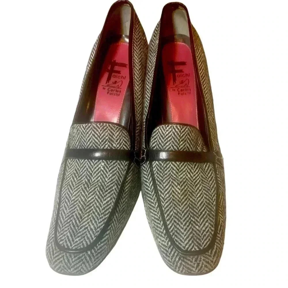 Carlos Falchi Vintage “Watson” Attractive Black & White Herringbone Tweed Heels - Picture 3 of 11